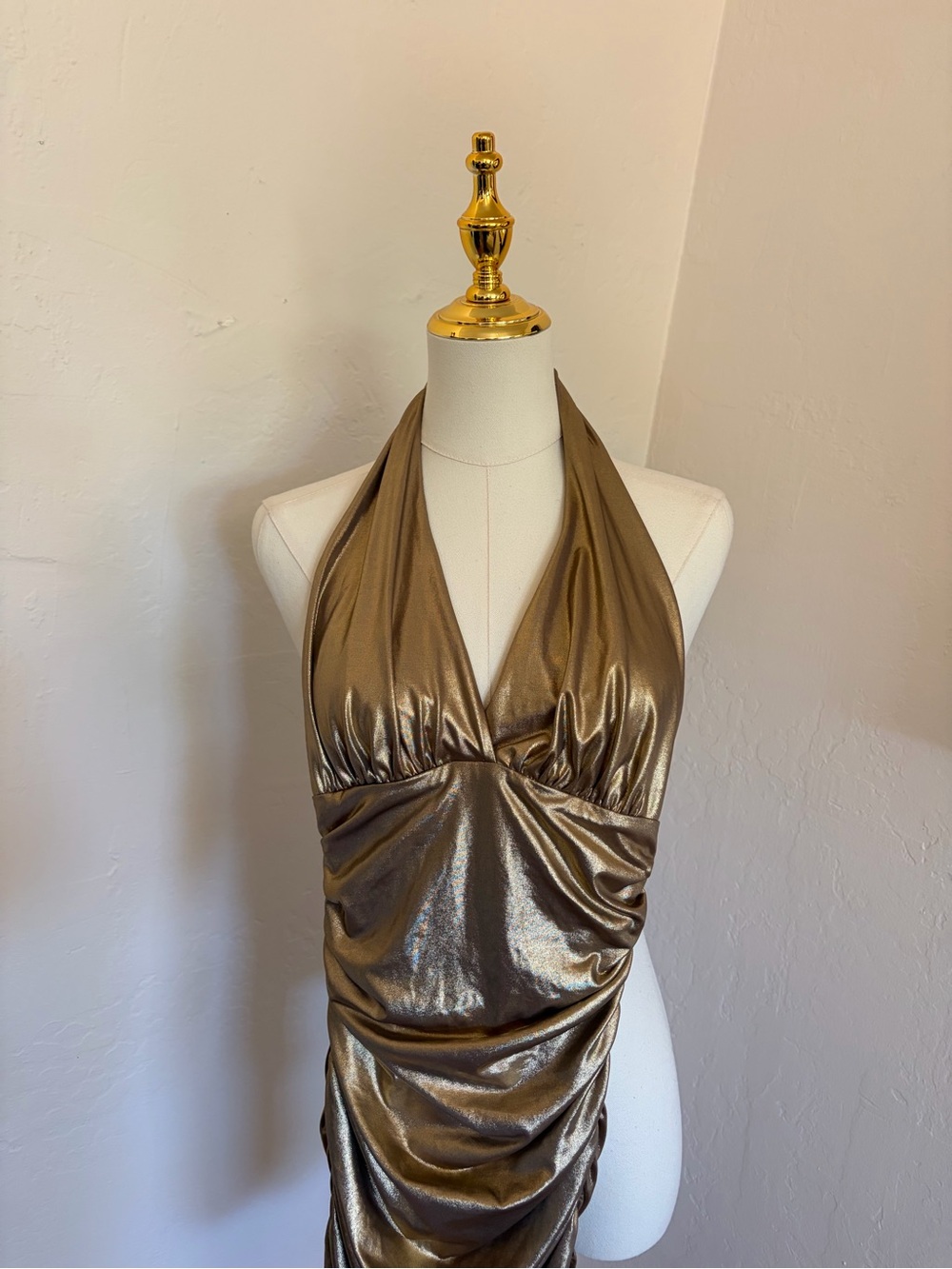 bebe Metallic Bronze Halter Mini Dress